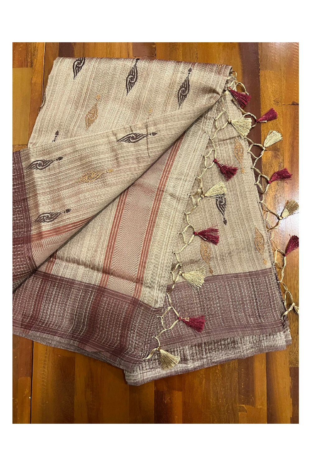 Southloom Light Brown Semi Tussar Designer Saree with Tassels on Pallu