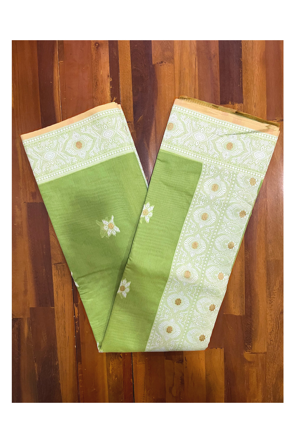 Southloom Cotton Green Saree with White Woven Designs on Border