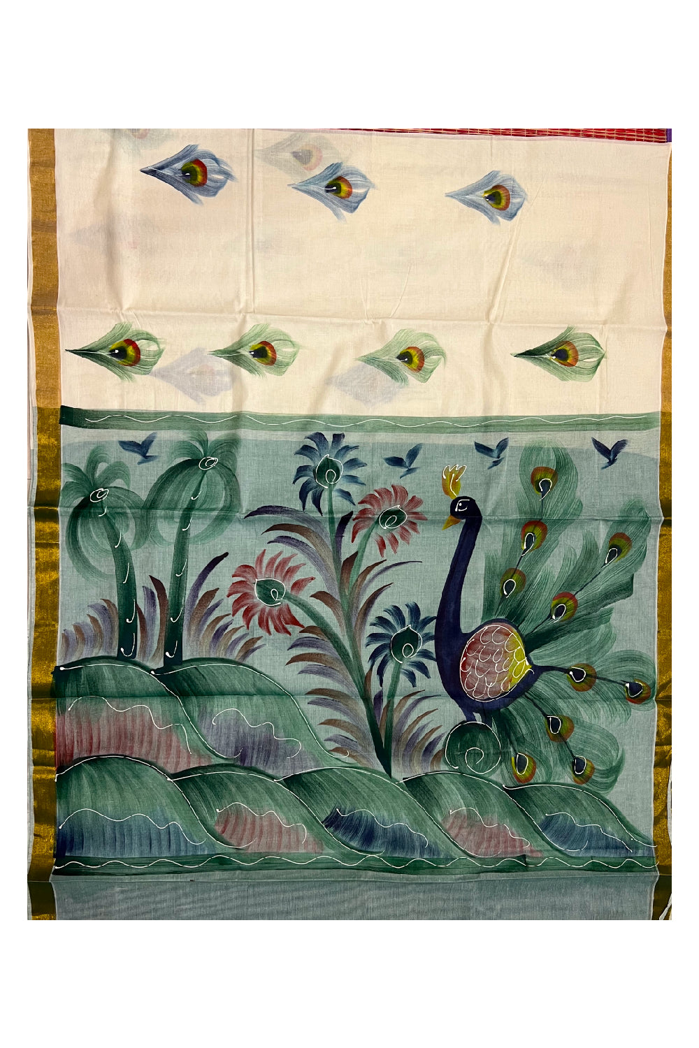 Southloom Handpainted Mural Kerala Kasavu Saree With Peacock Art in Green Theme