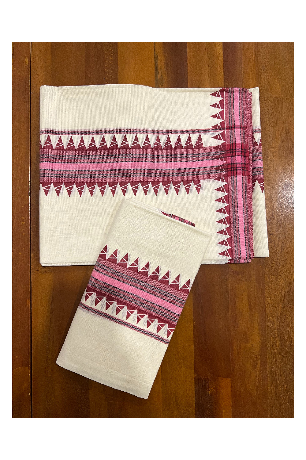Kerala Cotton Mulloth Mundum Neriyathum Single (Set Mundu) with Maroon Temple Block Prints on Border (Extra Soft Cotton)