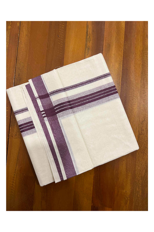 Off White Kerala Double Mundu with Purple Wine Line Border (South Indian Dhoti)