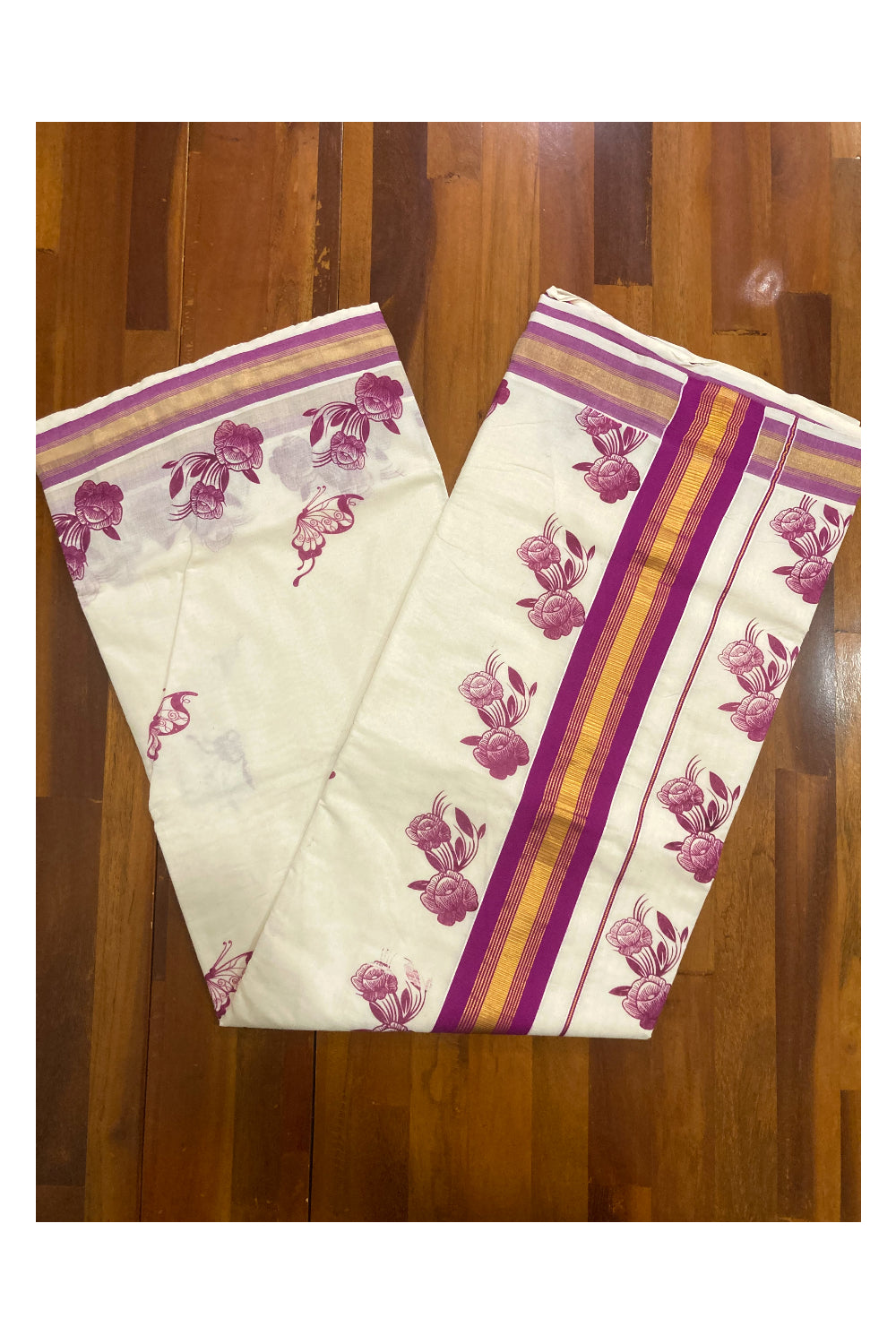 Pure Cotton Kerala Saree with Magenta Floral Block Printed Design and Kasavu Border