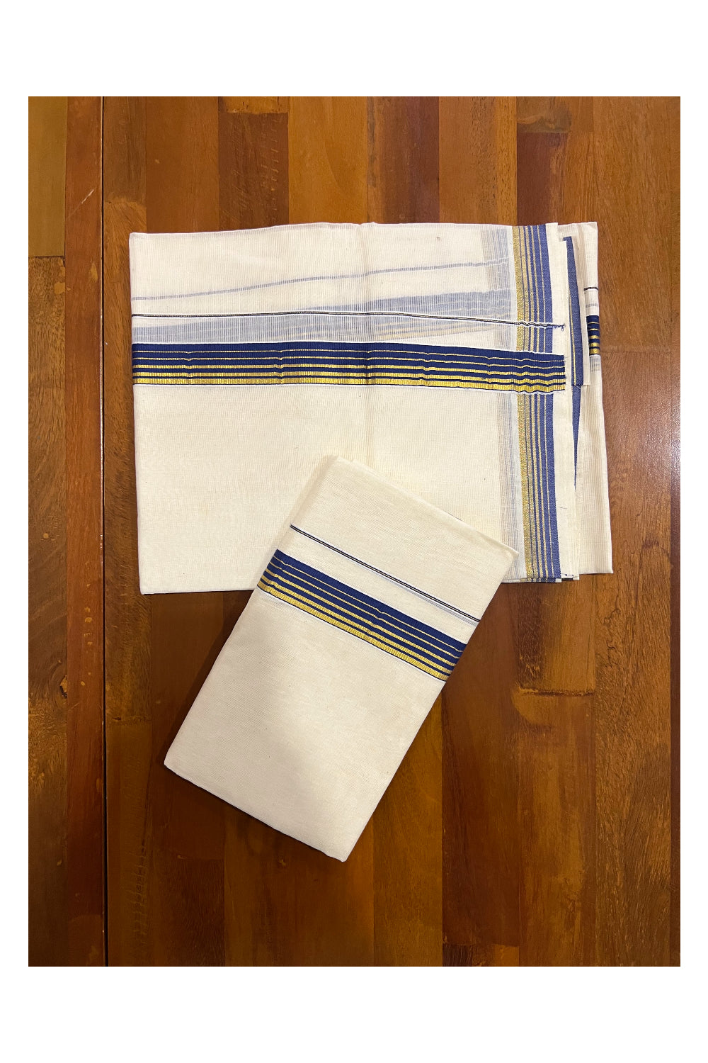 Pure Cotton Kerala Single Set Mundu (Mundum Neriyathum) with Blue and Kasavu 1 inch Border