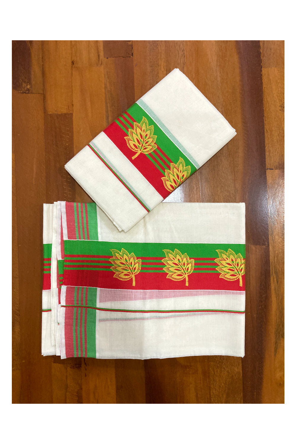 Cotton Set Mundu (Mundum Neriyathum) with Golden Block Prints on Green and Red Border