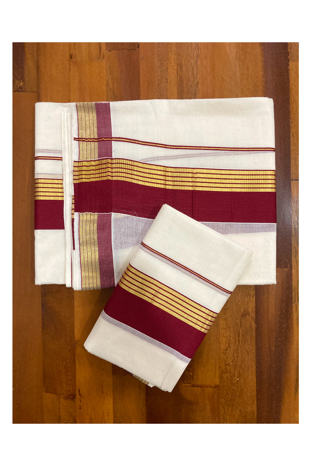 Mundum Neriyathum Double (Set Mundu) with Maroon and Kasavu Border