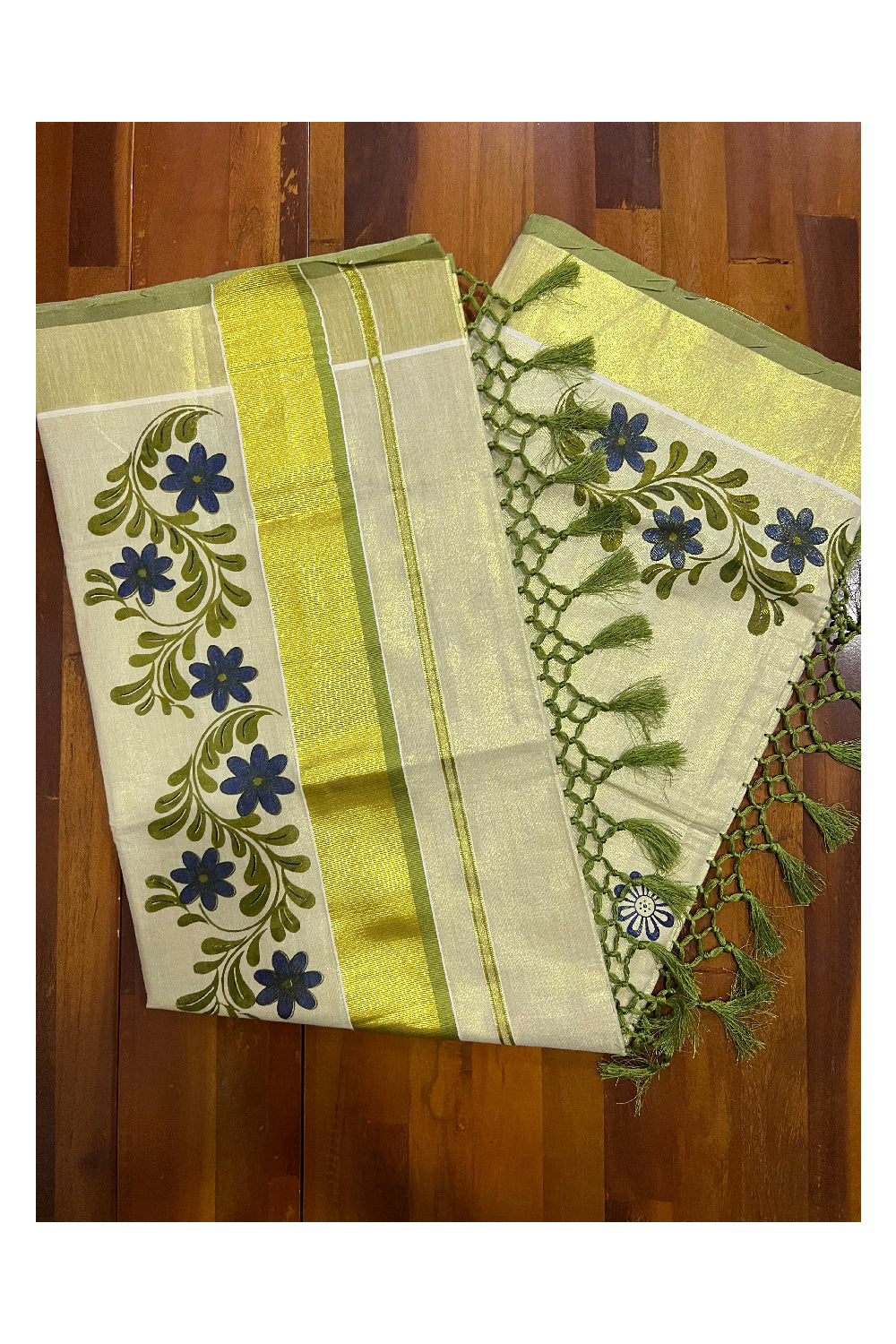 Kerala Tissue Kasavu Saree with Light Green Dark Blue Mural Floral Design and Tassels on Pallu