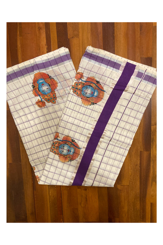 Pure Cotton Violet Check Design Kerala Saree with Krishna Mural Prints and Silver Border