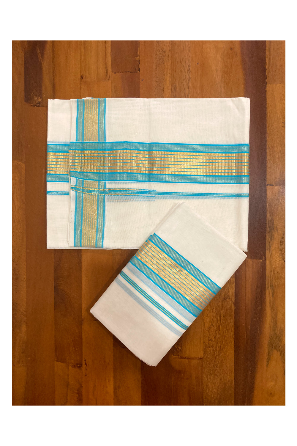 Southloom Premium Handloom Set Mundu with Kasavu and Turquoise Border 2.80 Mtrs