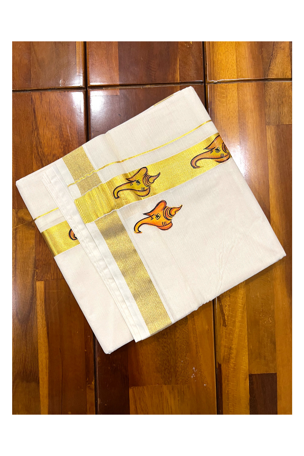 Pure Cotton Kasavu Mundu with Mural Hand Painted Design (South Indian Kerala Dhoti)