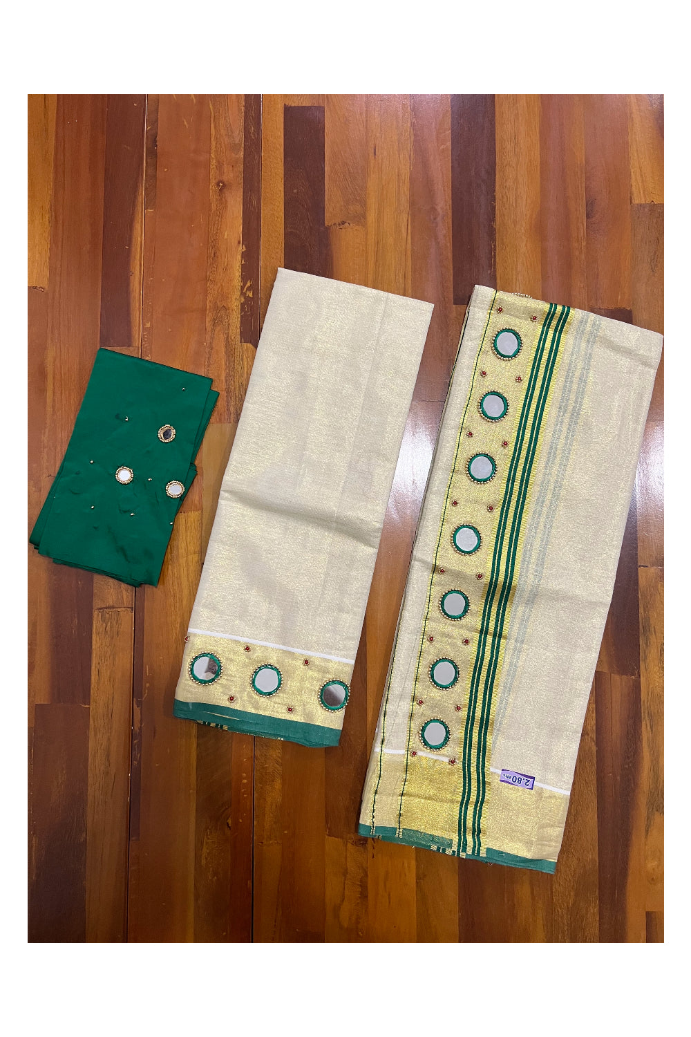 Kerala Tissue Kasavu Set Mundu (Mundum Neriyathum) with Green Border and Mirror Bead Handwork Design 2.80 Mtrs (Include Blouse Piece)