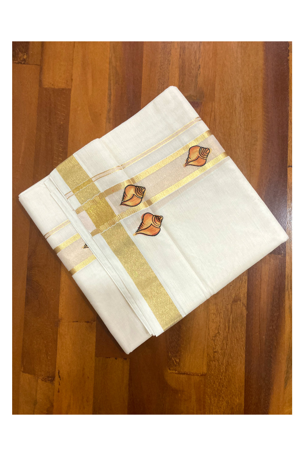 Off White Pure Cotton Double Mundu with Mural Prints on Kasavu Kara (South Indian Dhoti)