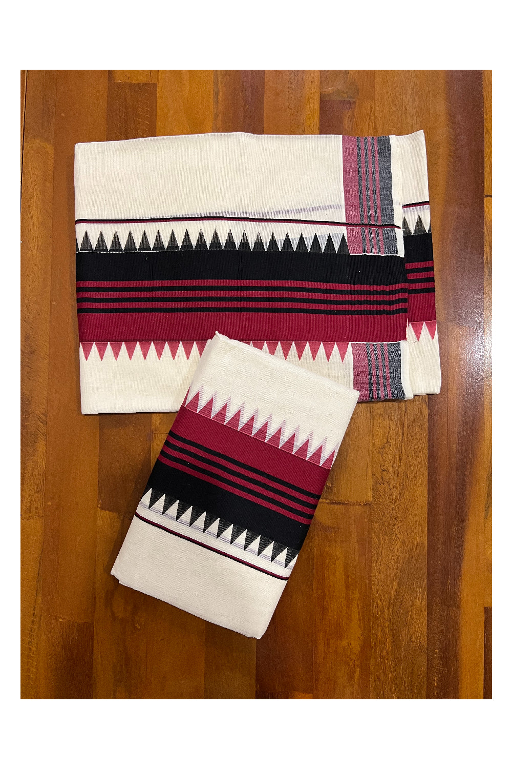 Pure Cotton Set Mundu (Mundum Neriyathum) with Maroon and Black Temple Block Prints on Border