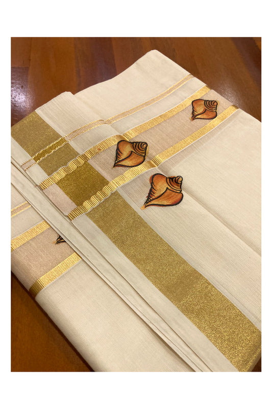 Off White Pure Cotton Double Mundu with Mural Prints on Kasavu Kara (South Indian Dhoti)