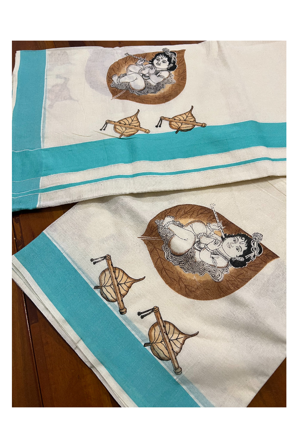 Kerala Pure Cotton Saree with Mural Printed Baby Krishna on Leaf Design and Turquoise Border