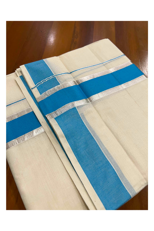 Off White Kerala Double Mundu with Silver Kasavu and Light Blue Border (South Indian Dhoti)