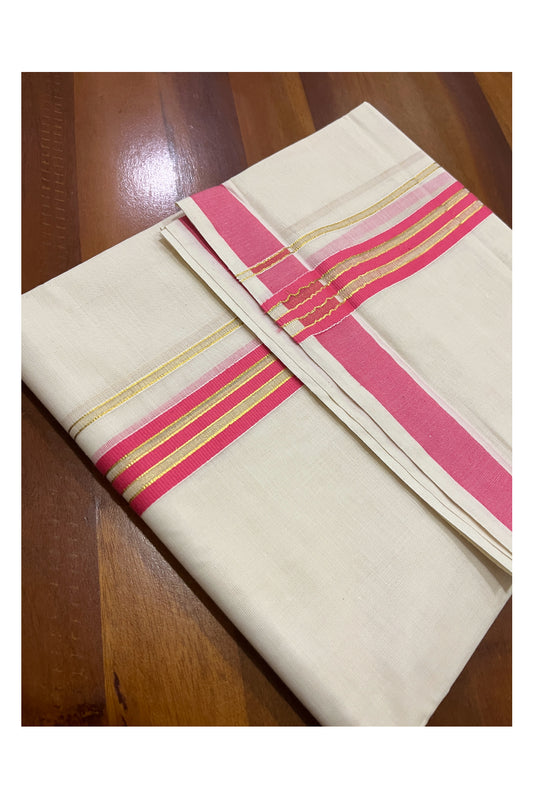 Pure Cotton Off White Double Mundu with Pink and Kasavu Kara (South Indian Kerala Dhoti)