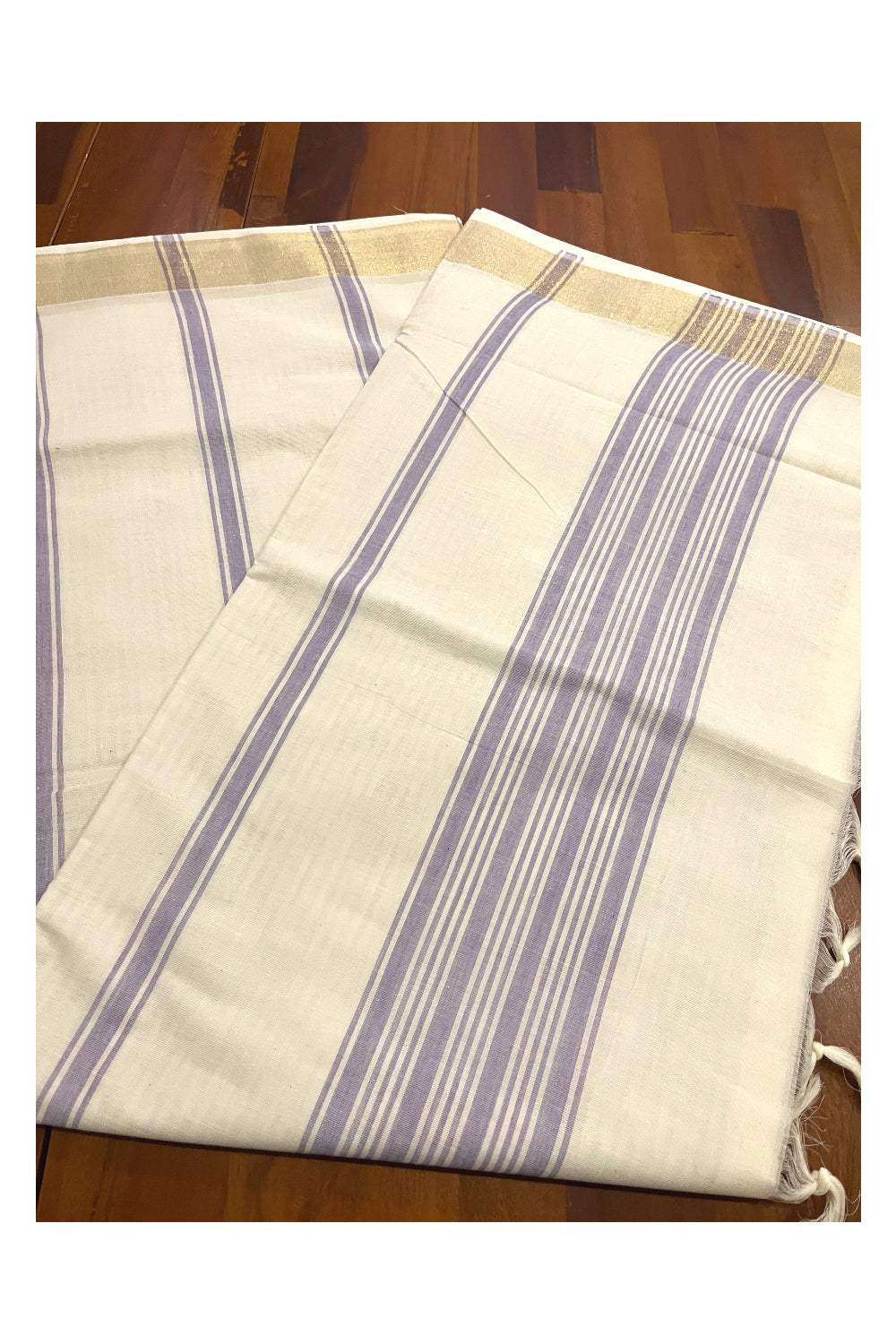 Pure Cotton Off White Kerala Saree with Violet Pallu and Lines Design Running Blouse Piece (Onam Saree 2023)