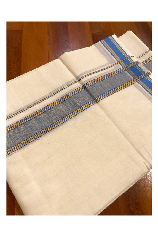 Southloom Premium Handloom Pure Cotton Mundu with Blue and Kasavu Border (South Indian Dhoti)