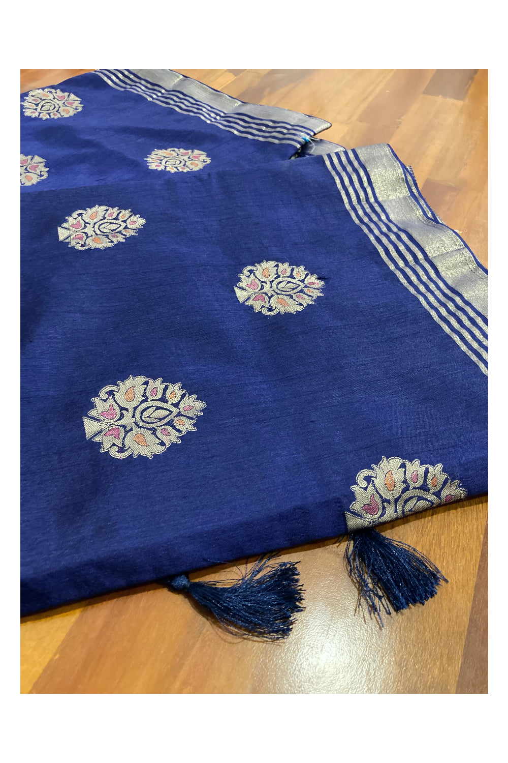 Southloom Tussar Dark Blue Floral Woven Designer Saree with Tassels Work