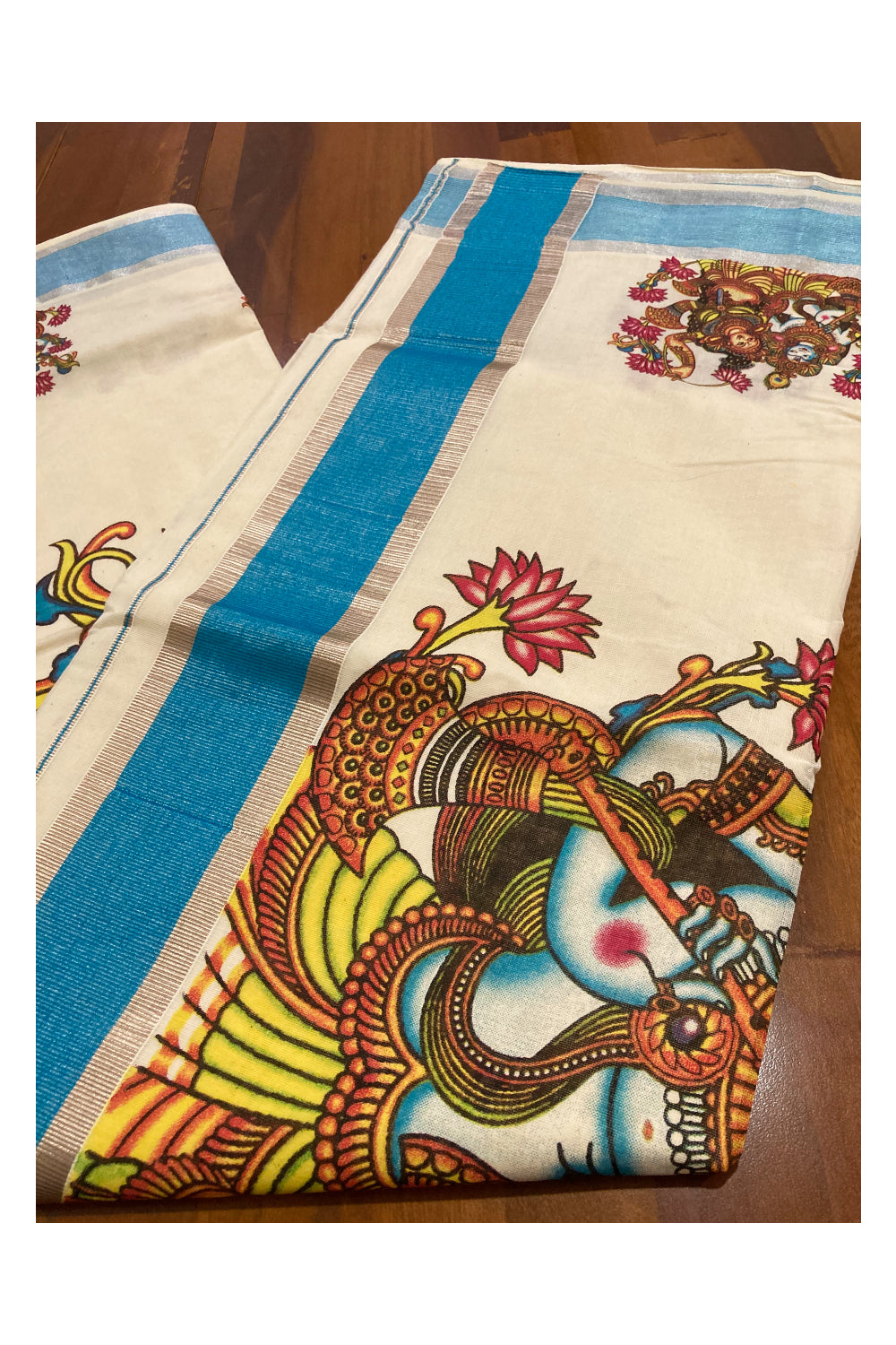 Pure Cotton Kerala Saree with Krishna Radha Mural Prints and Silver Blue Border