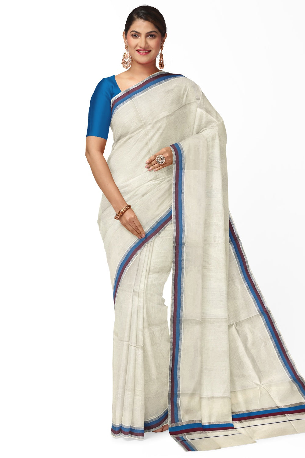 Kerala Pure Cotton Plain Saree with Silver Kasavu Blue and Maroon Border