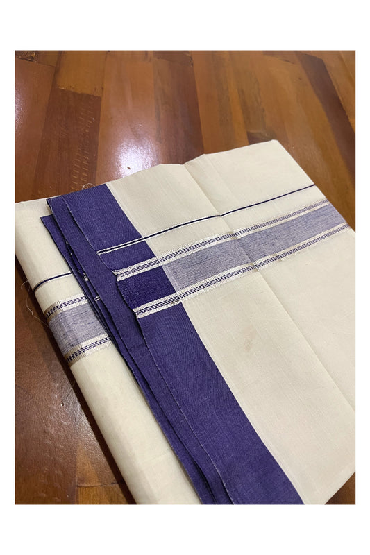 Pure Cotton Off White Double Mundu with Silver Kasavu and Purple Border (South Indian Dhoti)