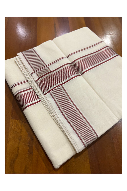 Southloom Kuthampully Handloom Pure Cotton Mundu with Silver and Brownish Maroon Kasavu Line Border (South Indian Dhoti)