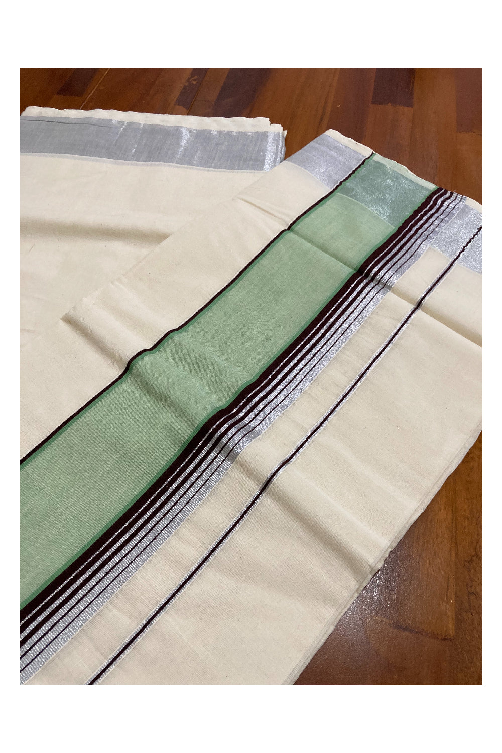 Pure Cotton Silver Kasavu Plain Saree with Dark Brown and Light Green Border