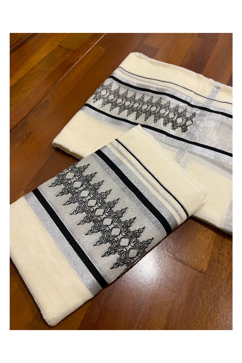 Cotton Silver Kasavu Set Mundu (Mundum Neriyathum) with Black Block Prints on Border