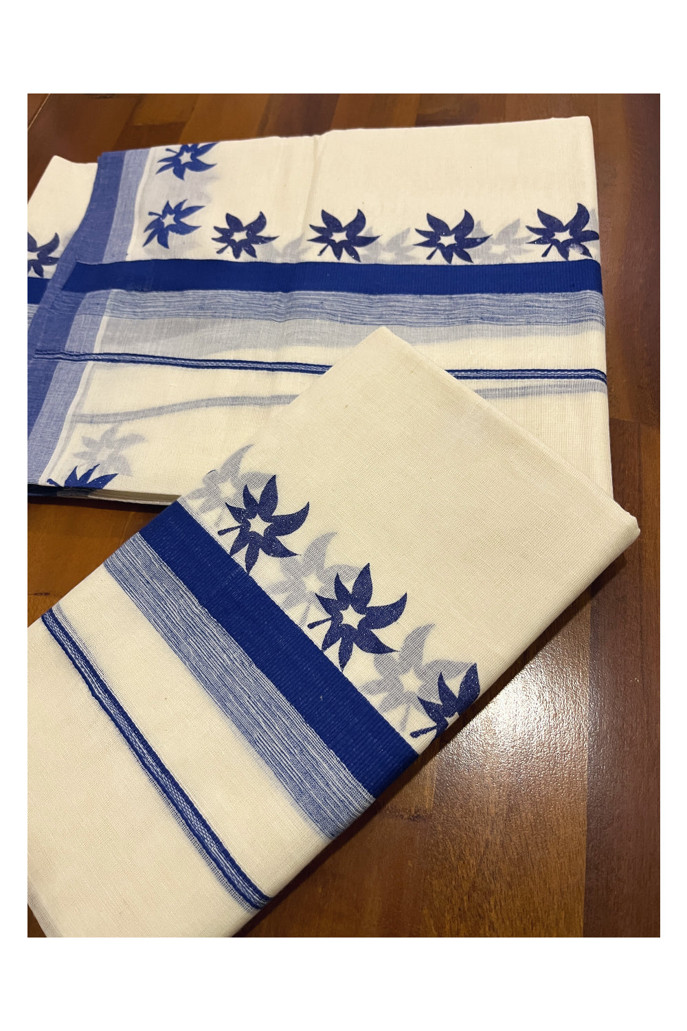 Kerala Cotton Single Set Mundu (Mundum Neriyathum) with Blue Floral Block Prints on Border