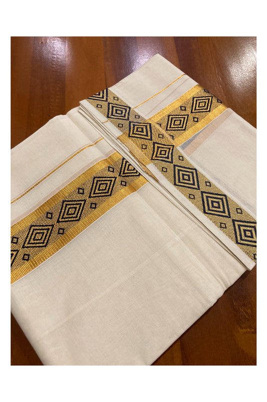 Off White Kerala Double Mundu with Kasavu and Navy Blue Woven Border (South Indian Dhoti)