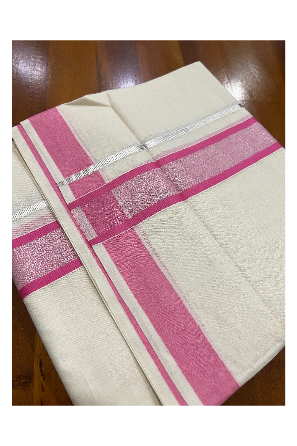 Pure Cotton Off White Double Mundu with Silver Kasavu and Pink Border (South Indian Dhoti)