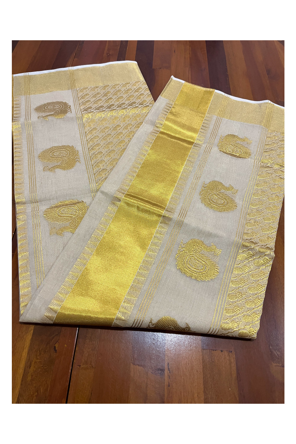 Southloom Premium Handloom Tissue Kasavu Saree with Heavy Woven Works