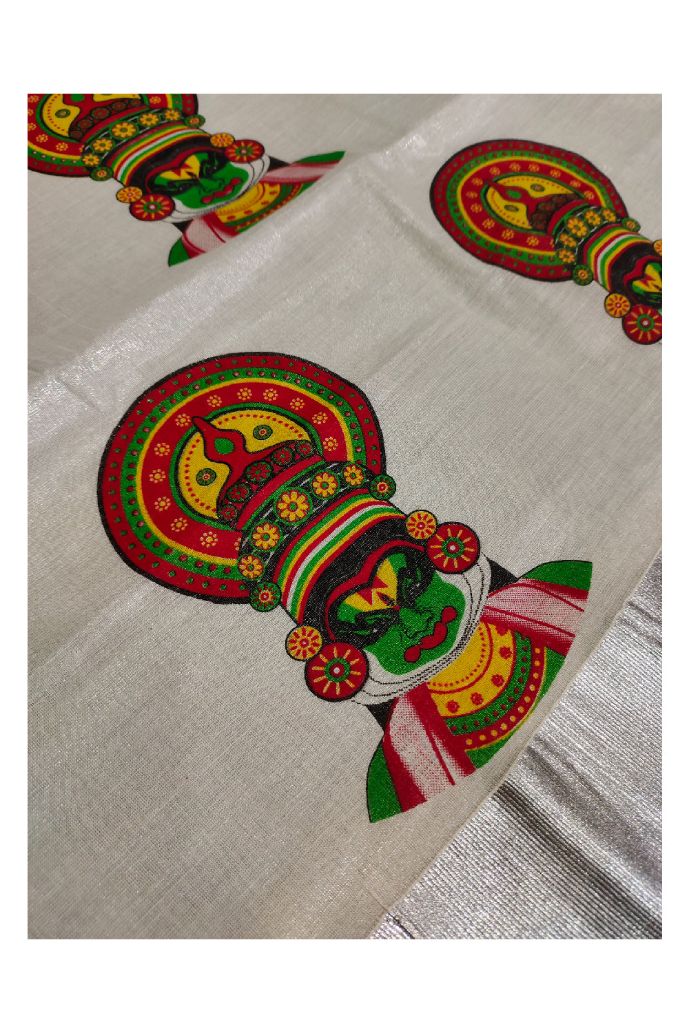 Kerala Silver Tissue Kasavu Saree with Mural Printed Kathakali Face Design
