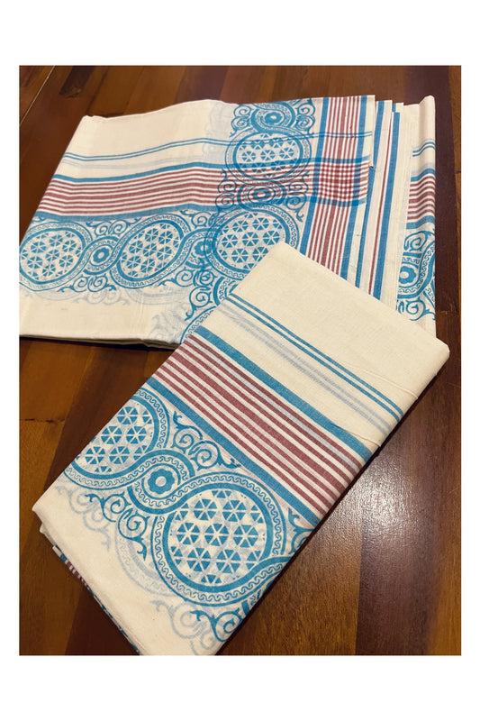 Kerala Cotton Mulloth Mundum Neriyathum Single (Set Mundu) with Blue Block Printed Border (Extra Soft Cotton)