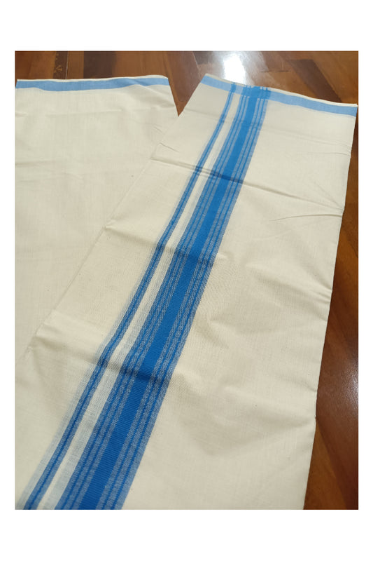 Off White Kerala Double Mundu with Blue Lines Border (South Indian Dhoti)