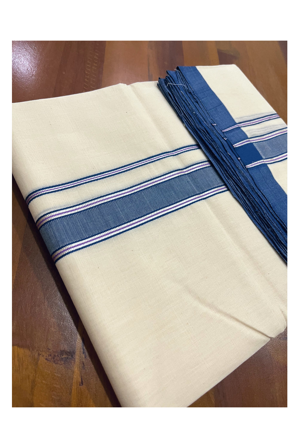 Southloom Premium Handloom Double Mundu with Blue and Silver Kasavu Border (South Indian Kerala Dhoti)