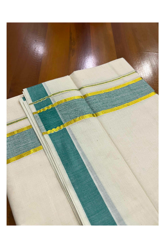 Off White Kerala Double Mundu with Kasavu and Green Border (South Indian Dhoti)