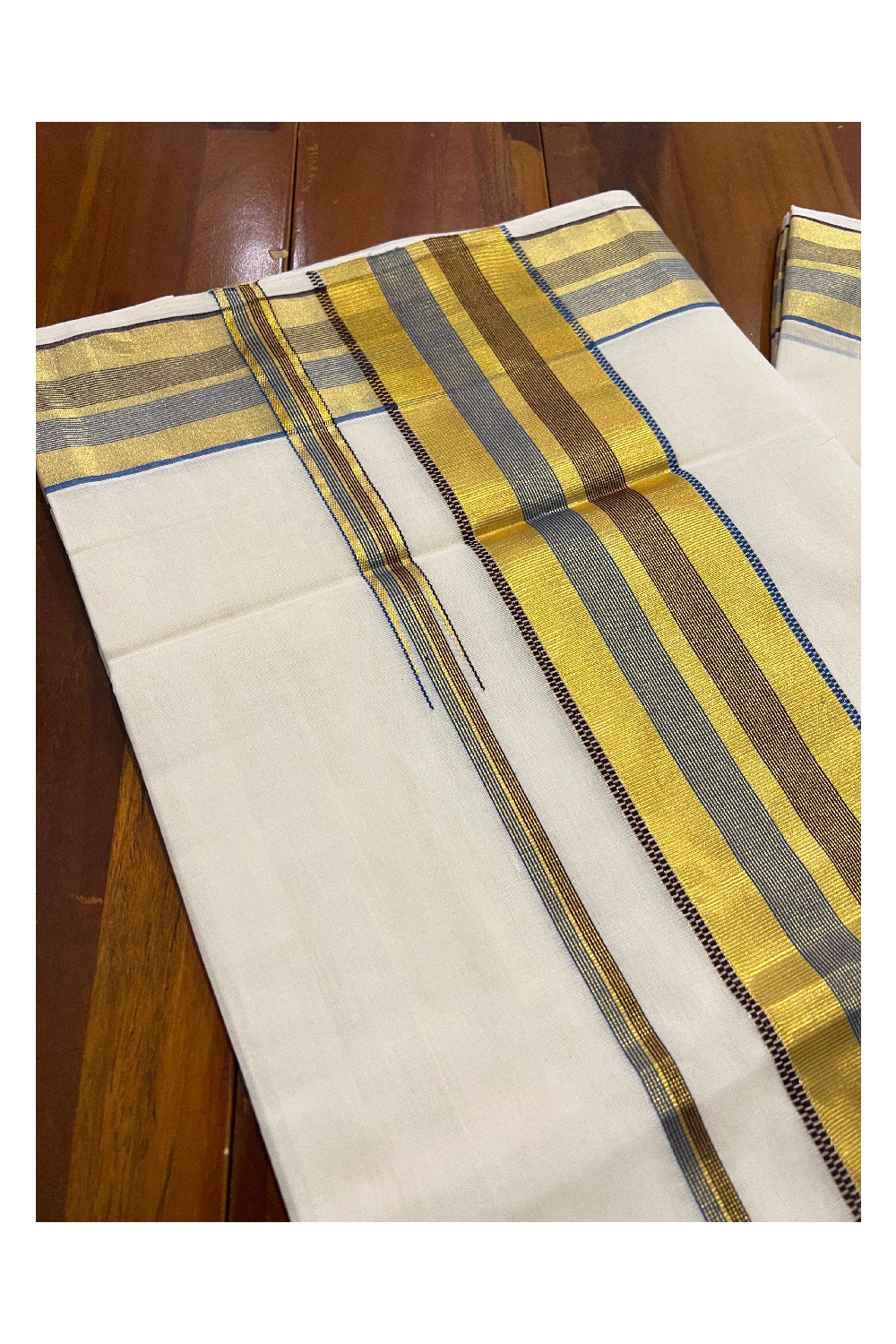 Southloom™ Premium Handloom Kerala Saree with Kasavu Blue and Brown Border