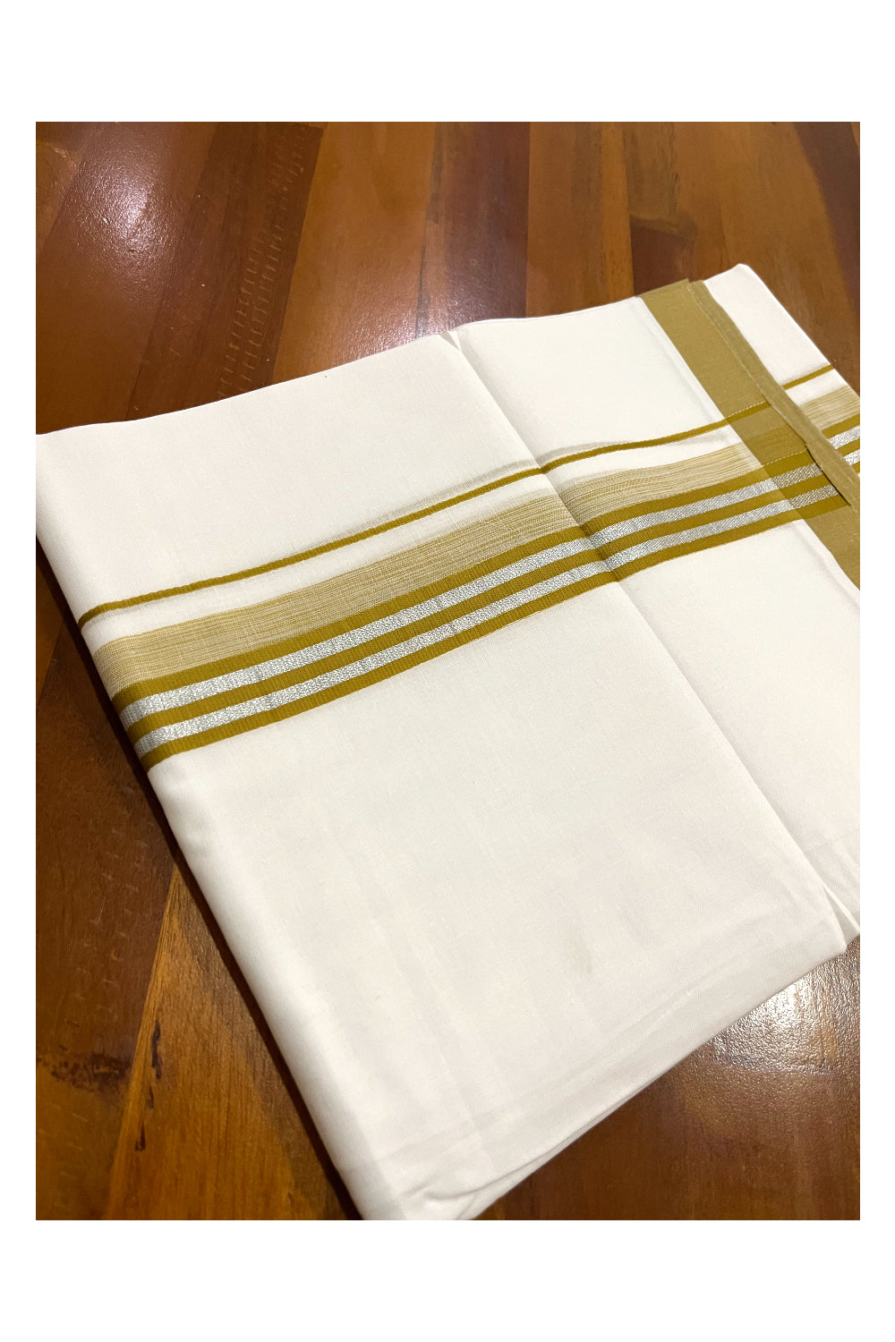 Pure White Cotton Double Mundu with Silver Kasavu and Olive Green Border (South Indian Dhoti)