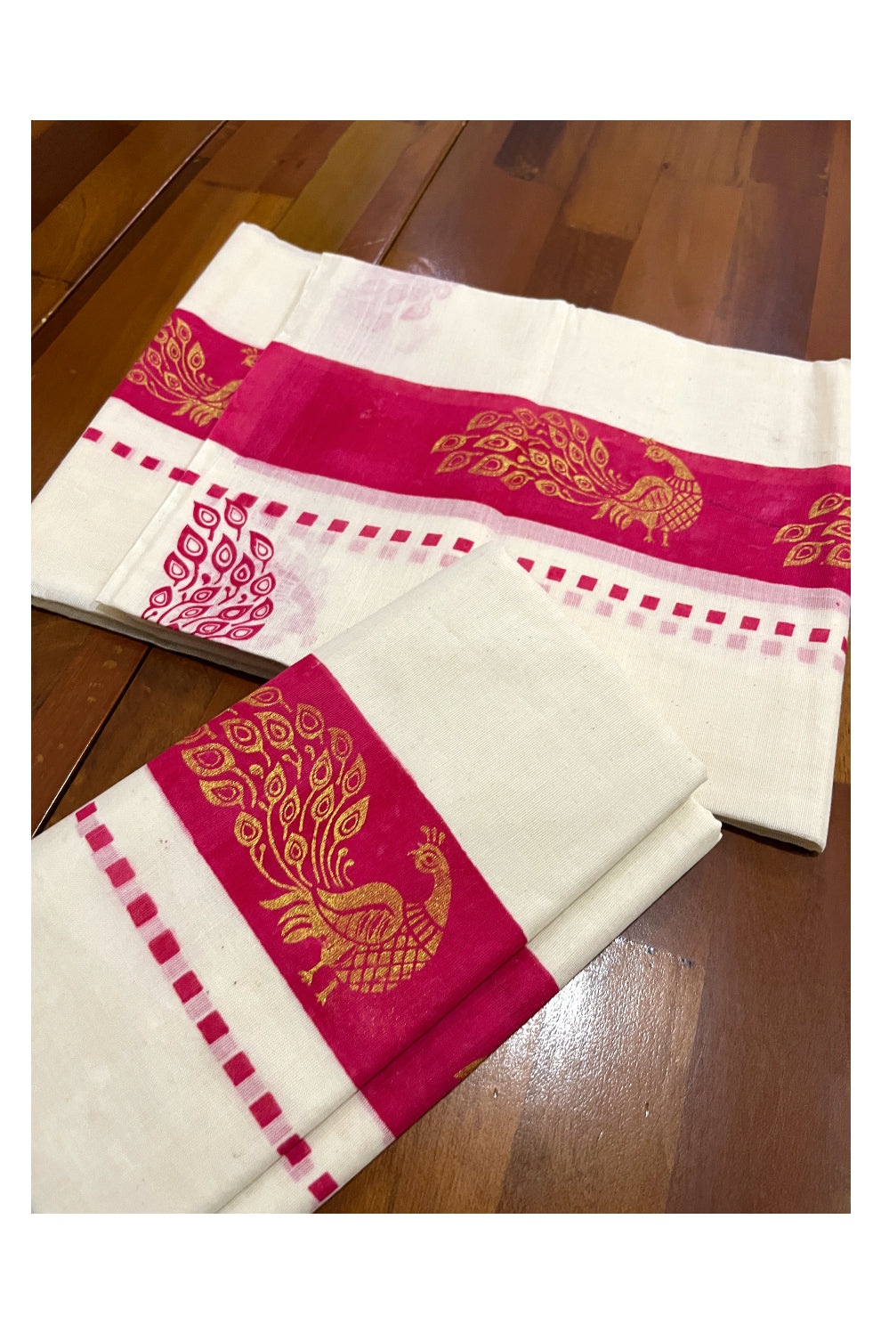 Kerala Cotton Set Mundu (Mundum Neriyathum) with Golden Peacock Block Prints on Magenta Border 2.80 Mtrs