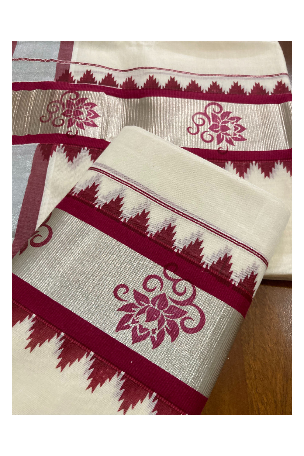 Single Set Mundu in Silver and Maroon Kara with Hand Block Prints (2.80 m)