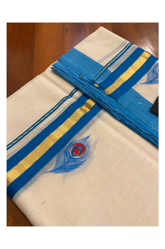 Southloom Balaramapuram Handloom Mundu with Blue and Kasavu Printed Border