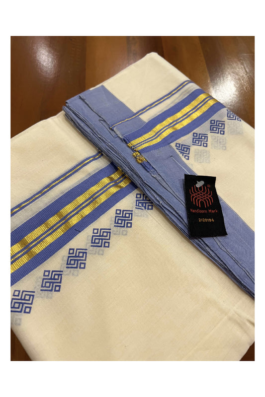 Southloom Balaramapuram Pure Cotton Handloom Mundu with Kasavu and Violet Printed Border