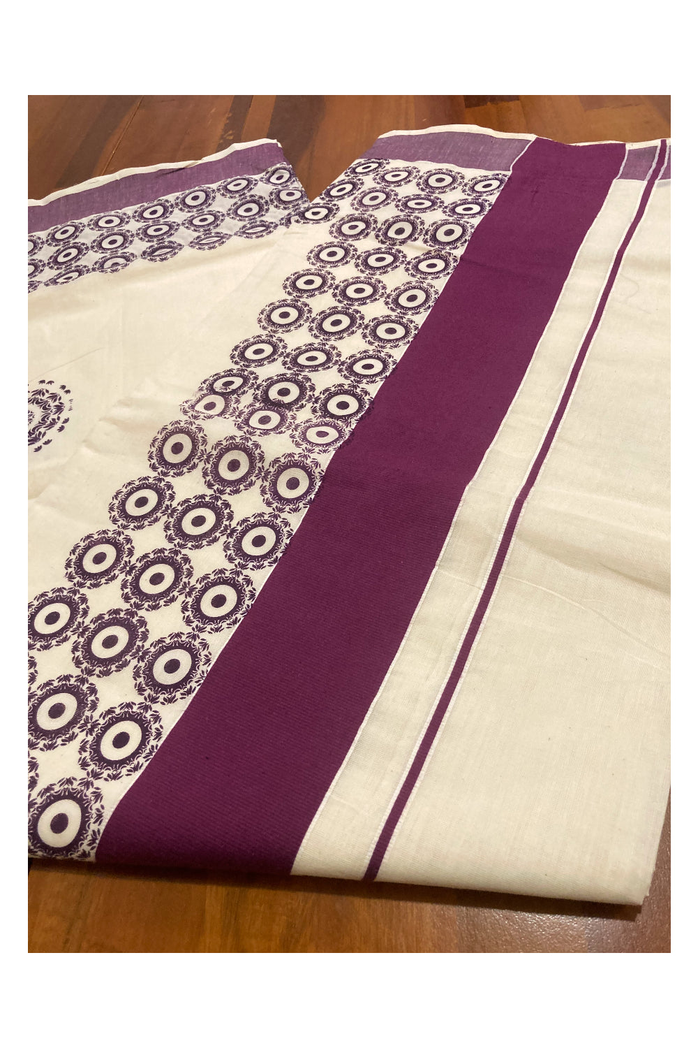 Pure Cotton Kerala Saree with Purple Block Prints on Border and Pallu