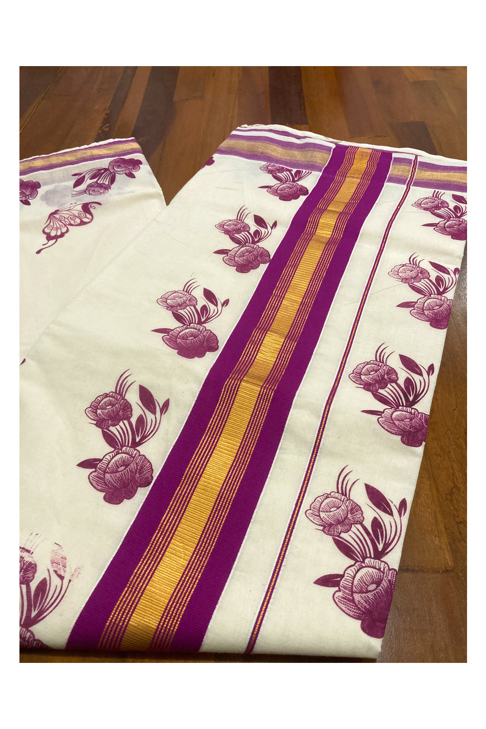 Pure Cotton Kerala Saree with Magenta Floral Block Printed Design and Kasavu Border