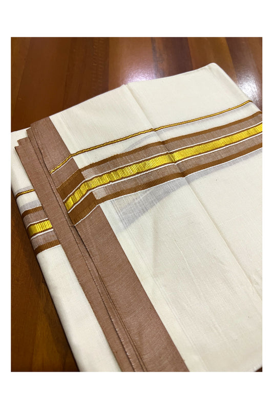 Off White Kerala Double Mundu with Kasavu and Light Brown Border (South Indian Dhoti)