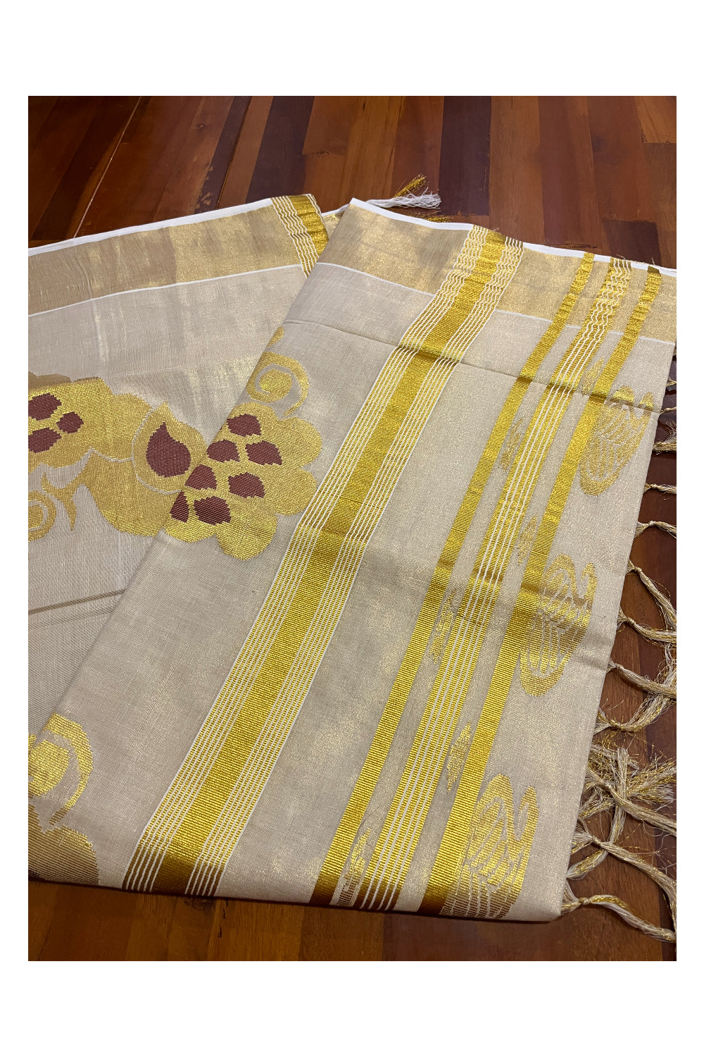 Kerala Tissue Kasavu Saree with Golden and Brown Heavy Woven Works (Vishu Saree 2023)