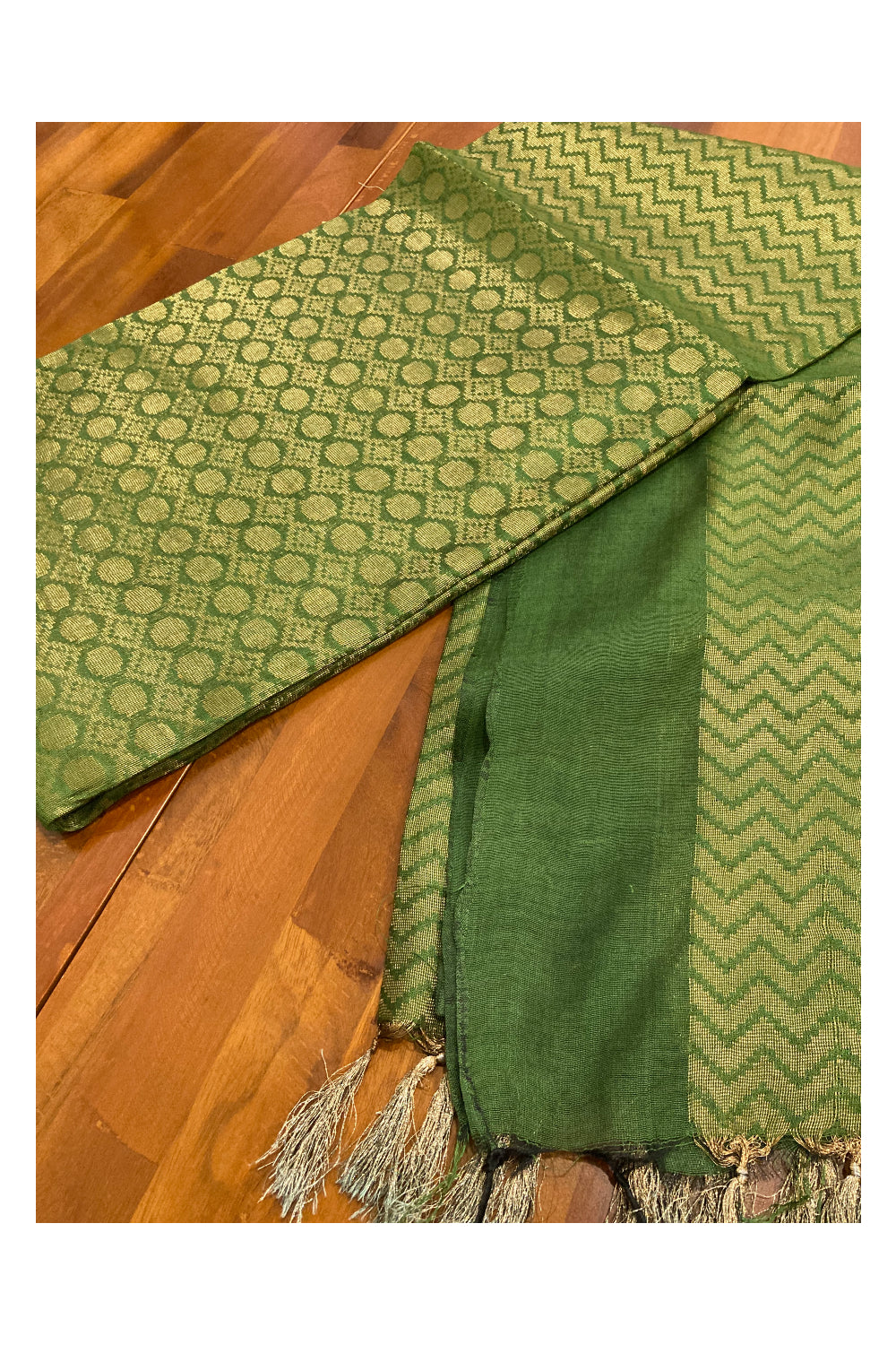 Southloom Cotton Kasavu Designer Woven Works in Green Saree