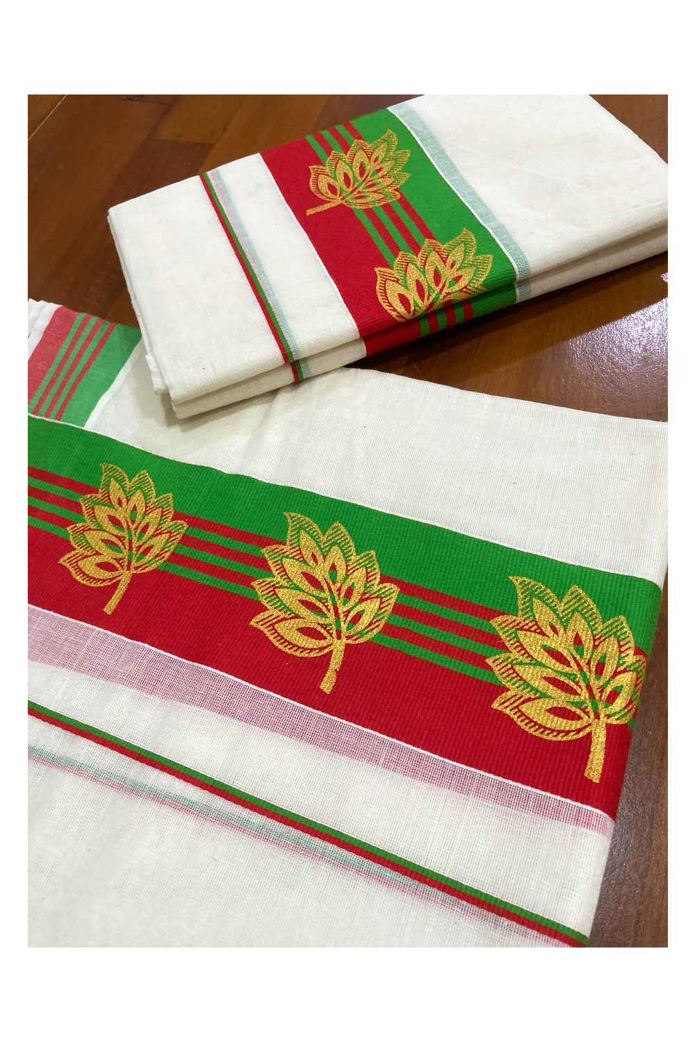 Cotton Set Mundu (Mundum Neriyathum) with Golden Block Prints on Green and Red Border